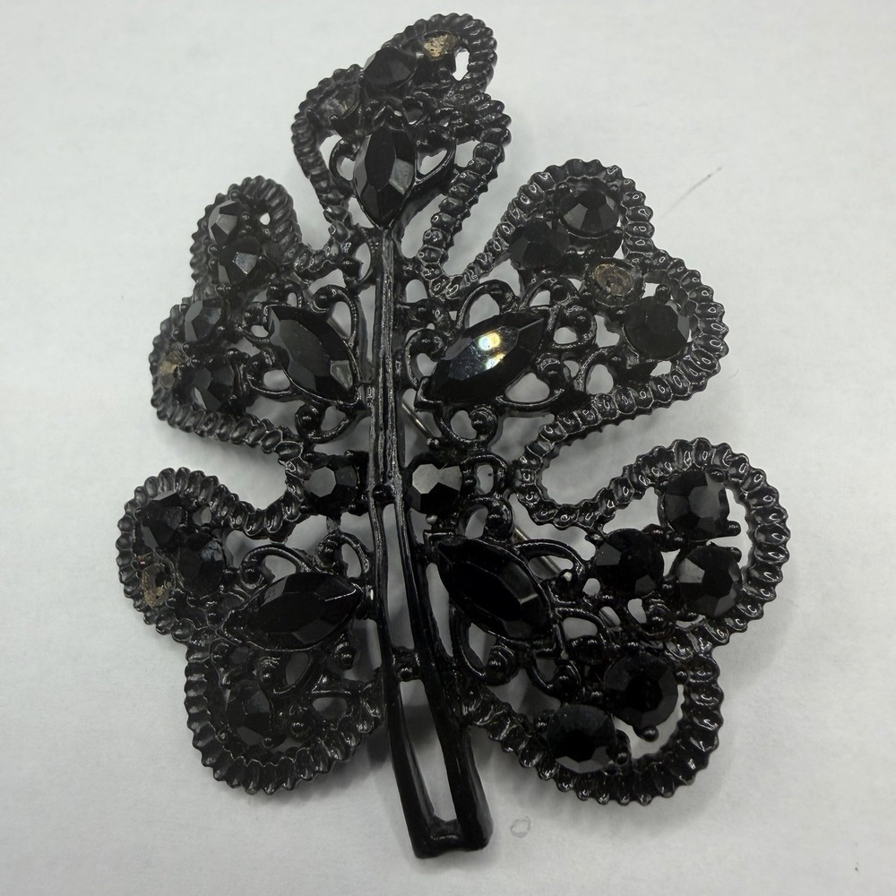 Vintage Black Rhinestone/ Filigree Leaf Shaped Mourning Brooch Black Tone/enamel